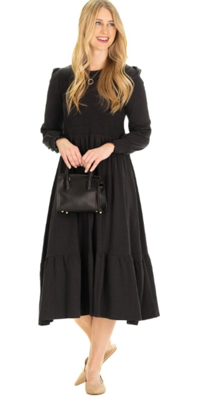 Duffield Lane Black Long Sleeve Midi Jane Dress Smocked Classic Polished XL